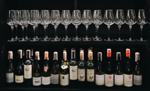 Wine glasses and wine bottles